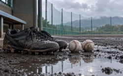 雨上がりの高校グラウンドのベンチ前に置かれた野球のスパイクと白い硬式球