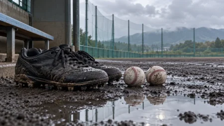雨上がりの高校グラウンドのベンチ前に置かれた野球のスパイクと白い硬式球