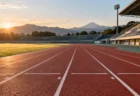 朝の陸上競技場のトラックとスタートライン