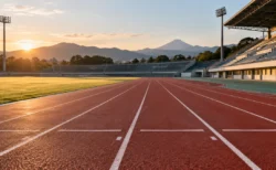 朝の陸上競技場のトラックとスタートライン