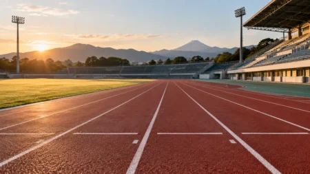 朝の陸上競技場のトラックとスタートライン