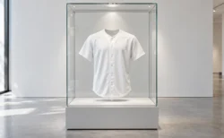 ギャラリーのガラスケースに展示された無地の白い野球ユニフォーム