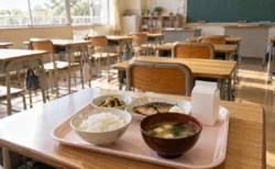 小学校の教室の机に置かれた給食のトレイ