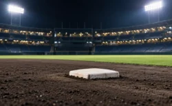 夜の野球場、照明に照らされた内野の黒土と緑の人工芝