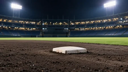 夜の野球場、照明に照らされた内野の黒土と緑の人工芝