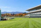 秋の競馬場のゴール前の芝コースとスタンド