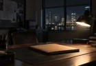 夜の街明かりが窓の外に見える無人の捜査オフィスの机に置かれた捜査資料ファイルとデスクライト