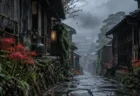 霧に包まれた日本の古い田舎町の路地と赤い花