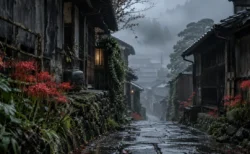 霧に包まれた日本の古い田舎町の路地と赤い花