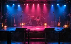ライブハウスのステージに並ぶギターとベース、ピンクとブルーの照明