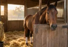 厩舎の馬房で静かに休む競走馬