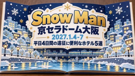 Snow Man 京セラドーム大阪 2027.1.4-7 平日4日間の遠征に便利なホテル5選の文字と、雪の降る冬の夜の川沿いの街と高架を走る電車を、立体の切り紙で表したポップアップ絵本風のイラスト