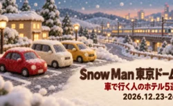 Snow Man 東京ドーム 車で行く人のホテル5選 2026.12.23-26の文字と、雪の積もった駐車場に並ぶ車、遠くを走る電車を羊毛フェルトの立体で表したイラスト