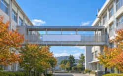 秋晴れの空の下に建つ学校の校舎と渡り廊下