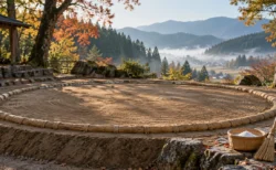 朝の斜光が差す屋外の稽古土俵と、俵のそばに置かれた塩かごと竹ぼうき