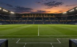 夕方の無人のサッカースタジアムとベンチ前のテクニカルエリア
