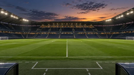 夕方の無人のサッカースタジアムとベンチ前のテクニカルエリア