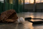夕方の室内練習場の片隅に置かれた野球グラブと硬式球、トレーニング用のゴムチューブ