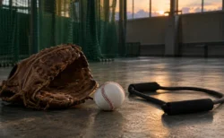 夕方の室内練習場の片隅に置かれた野球グラブと硬式球、トレーニング用のゴムチューブ