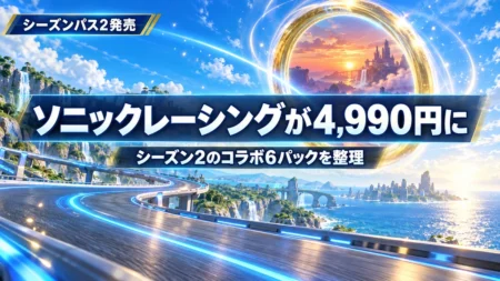 青空の下の海沿いハイウェイと光のワープリングを背景に、ソニックレーシング クロスワールドの値下げとシーズン2のコラボ6パックを伝える文字入りアイキャッチ