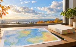 秋の朝の空と天気図の資料が置かれた勉強机のイメージ