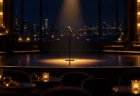 照明を落とした夜のステージ中央にスポットライトを浴びて立つ1本のスタンドマイク