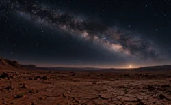 荒れ果てた赤茶色の大地の地平線と、夜明け前の空に広がる天の川