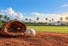 夏の青空の下、マウンドの土に置かれた野球グローブと硬式野球ボール