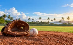 夏の青空の下、マウンドの土に置かれた野球グローブと硬式野球ボール