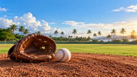 夏の青空の下、マウンドの土に置かれた野球グローブと硬式野球ボール
