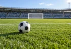 晴れた日のサッカースタジアムで、芝生のピッチに置かれたサッカーボールと奥のゴール