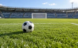晴れた日のサッカースタジアムで、芝生のピッチに置かれたサッカーボールと奥のゴール