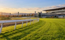 秋の競馬場の芝コースとゴール前の内ラチ