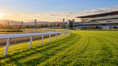 秋の競馬場の芝コースとゴール前の内ラチ