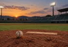 夕暮れの野球場の無人のマウンドに置かれた硬式球と点灯し始めた照明塔