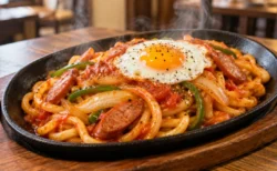 鉄板皿に盛ったナポリタン風のうどんと目玉焼きのイメージ