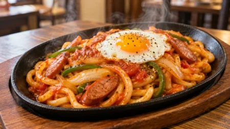 鉄板皿に盛ったナポリタン風のうどんと目玉焼きのイメージ