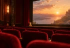 映画館の客席とスクリーンの光