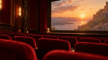 映画館の客席とスクリーンの光