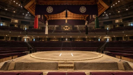 無人の国技館の土俵と吊り屋根