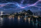 夜の未来的な島の上空に浮かぶ半透明の光のネットワークとホログラムの光