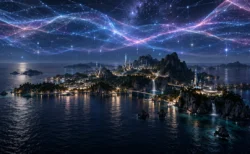 夜の未来的な島の上空に浮かぶ半透明の光のネットワークとホログラムの光