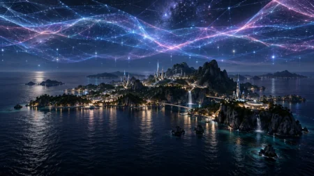 夜の未来的な島の上空に浮かぶ半透明の光のネットワークとホログラムの光