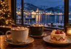 冬のカフェのテーブルに置かれたマシュマロ入りのホットドリンクとケーキ、背景にクリスマスの電飾