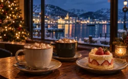 冬のカフェのテーブルに置かれたマシュマロ入りのホットドリンクとケーキ、背景にクリスマスの電飾
