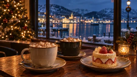 冬のカフェのテーブルに置かれたマシュマロ入りのホットドリンクとケーキ、背景にクリスマスの電飾