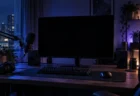 夜の暗い部屋に置かれた、誰も座っていない配信用のゲーミングデスクとマイク、ヘッドセット