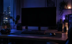 夜の暗い部屋に置かれた、誰も座っていない配信用のゲーミングデスクとマイク、ヘッドセット