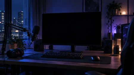 夜の暗い部屋に置かれた、誰も座っていない配信用のゲーミングデスクとマイク、ヘッドセット