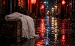雨の夜、濡れた路地に置かれた白い羊毛のマフラーと、ぼんやり光る赤い提灯